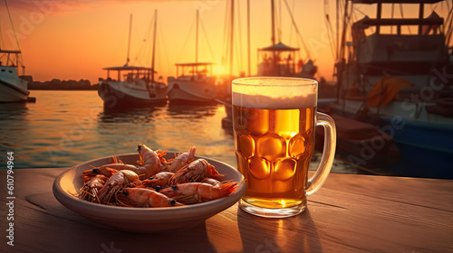 Beer glass and shrimps publicity shot on sunset background and ships, yachts. A full glass of light beer Lager or Pilsner stands on a wooden table