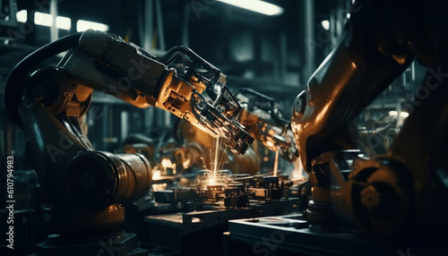 Metal workshop Automated machinery, robotic arm, steel production line, skilled workers generated by AI