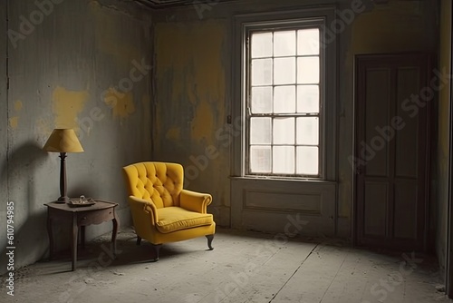 a room in gray and yellow with a huge window and a chair - Generative AI