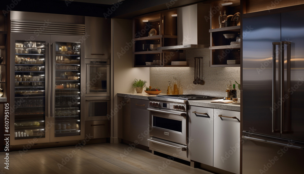 Modern domestic kitchen design with luxury stainless steel appliances and marble flooring generated by AI Modern domestic kitchen design with luxury stainless steel appliances and marble flooring generated by AI