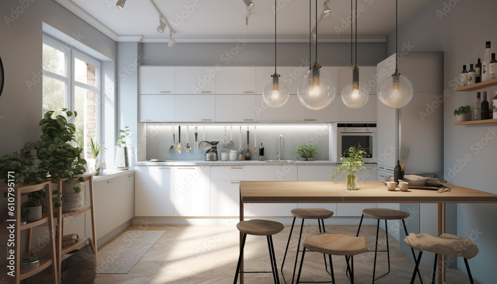 Modern domestic kitchen design with elegant wood table and comfortable chairs generated by AI