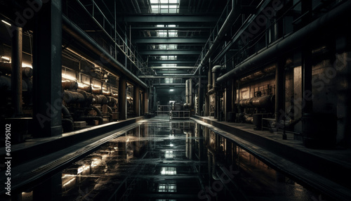 Spooky abandoned factory with modern metal equipment and dim lighting generated by AI