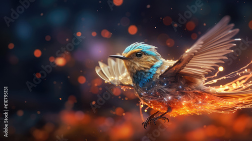 The fantasy bird portrait, bird with yellow, blue and white colors fly across sun beams and light particles around © NK Project