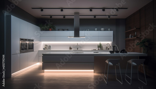 Modern kitchen design with luxury materials and elegant lighting equipment generated by AI © djvstock