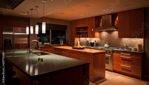 Modern luxury kitchen design with elegant wood material and appliances generated by AI