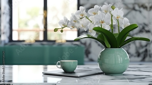 A modern office setting with a white laptop with an open lid and a green orchid on a marble table, mockup, template Generative AI