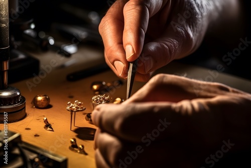A macro shot of a jeweler's hands crafting a piece of jewelry. Generative AI