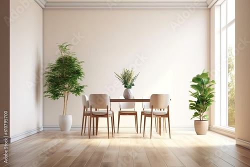 Interior of a light dining room with a table and four beige chairs, modern furnishings on a parquet floor, and a potted plant. Blank space for copying on a wall Generative AI