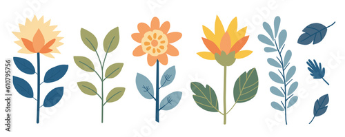 Set of flat flowers isolated on white background, Vector plant doodle illustration, Floral kit