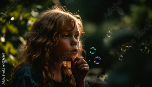 Carefree girl blowing bubbles in beautiful green meadow on sunny day generated by AI