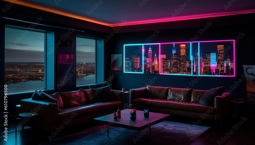 Modern apartment with comfortable furniture, illuminated by bright lighting equipment generated by AI Modern apartment with comfortable furniture, illuminated by bright lighting equipment generated by AI