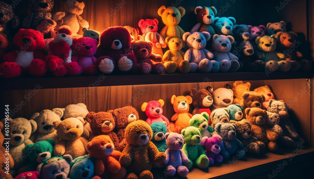 Fluffy toy animal collection, cute and colorful for childhood joy generated by AI