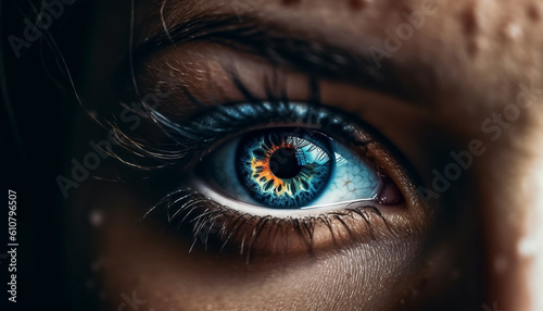 Beautiful young woman staring at camera with blue animal eye generated by AI
