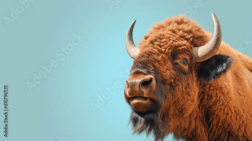 The buffalo portrait, banner, brown buffalo looking directly at the camera with a serious look, isolated on a blue background