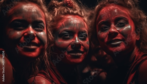 Young women with face paint enjoy nightlife dancing outdoors with men generated by AI © djvstock