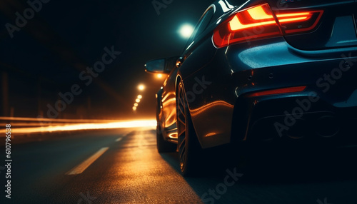 Speeding sports car illuminates city street with glowing light trail generated by AI