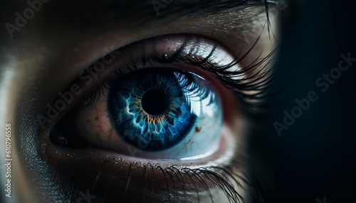 Young adult with blue eyes staring at camera, close up portrait generated by AI