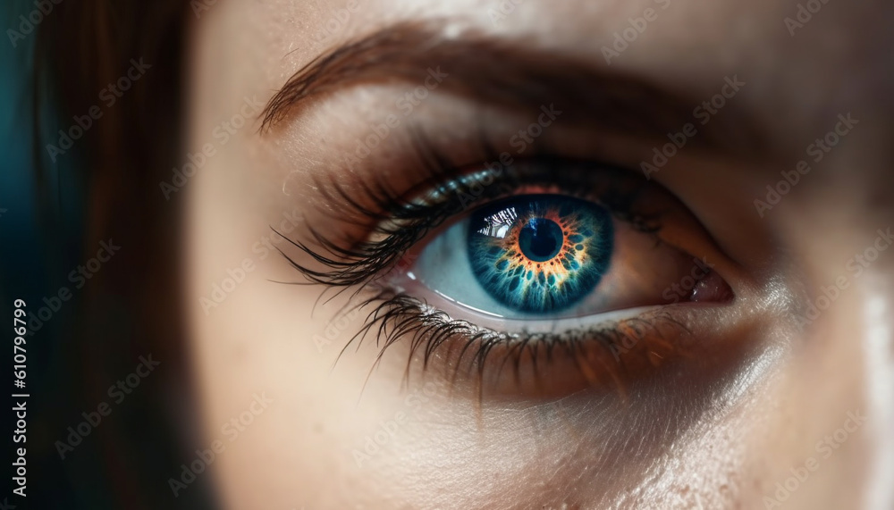 Beautiful young woman staring at camera with blue iris and eyelash generated by AI Beautiful young woman staring at camera with blue iris and eyelash generated by AI