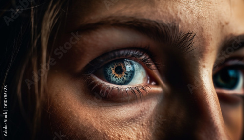 Blue eyed woman staring at cute animal eye in nature generated by AI © djvstock