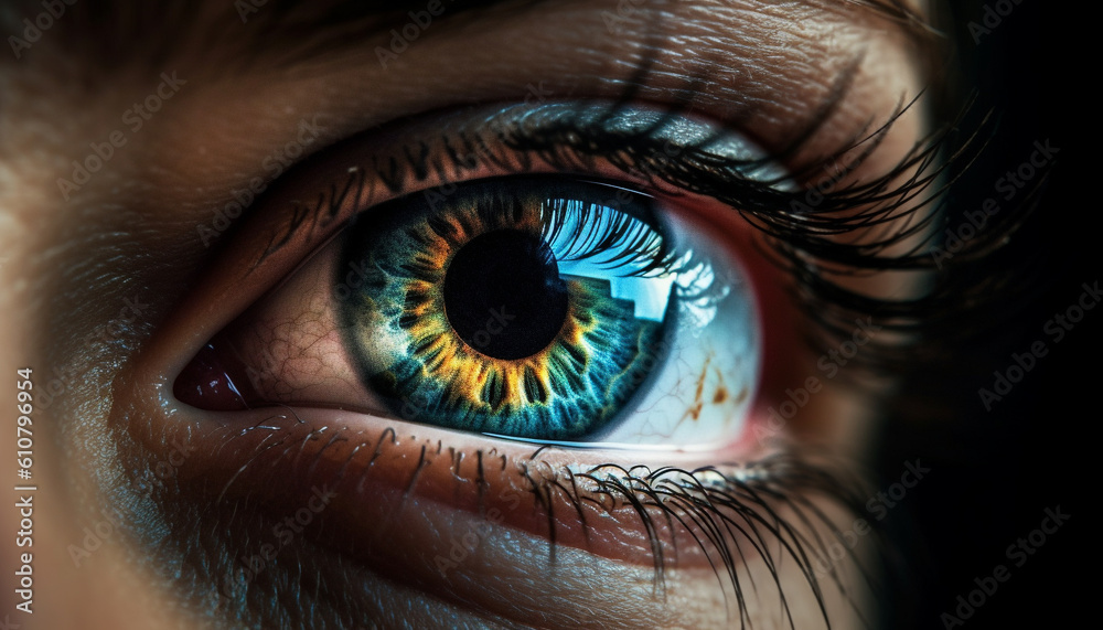 Blue eyed woman staring at camera with close up of iris generated by AI