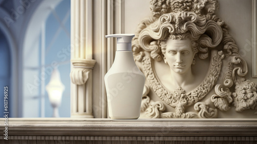 Women's shampoo advertisement in style and mocap with white female sculpture like medusa gorgon