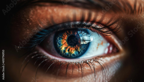 Blue eyed women staring at camera, macro view of human eye generated by AI