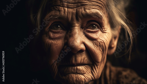 Serene senior woman looking at camera, beauty in aging process generated by AI