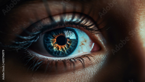 Close up of futuristic woman eye with contact lens and reflection generated by AI