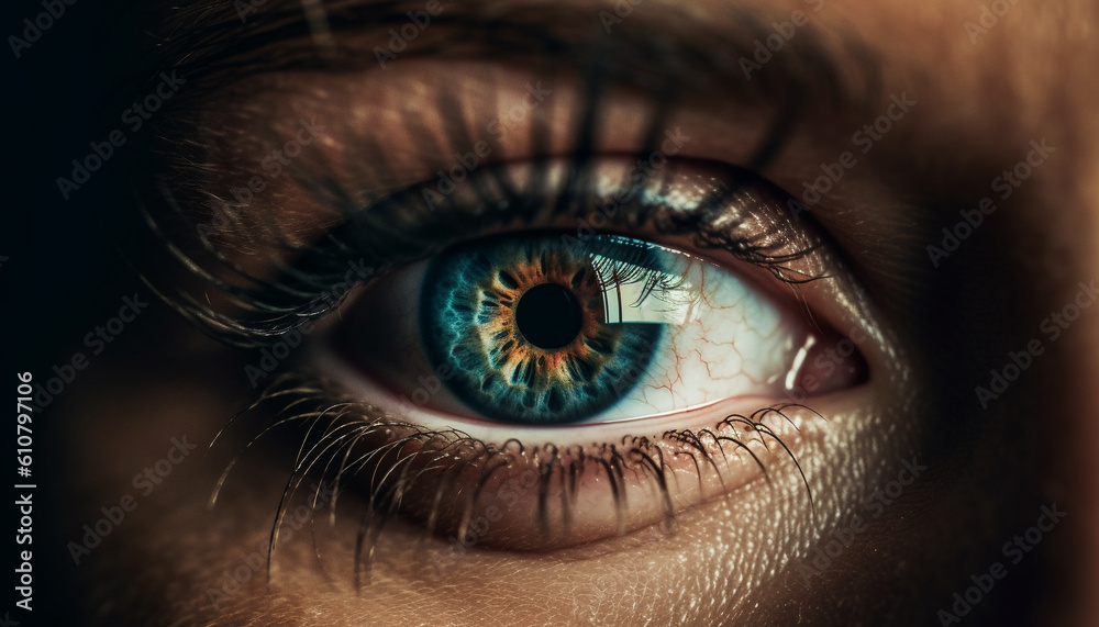 Green iris staring back, close up of a woman eye generated by AI Green iris staring back, close up of a woman eye generated by AI