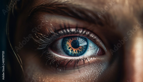 Blue eyed woman staring at camera with elegant beauty and focus generated by AI