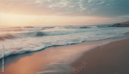 Idyllic coastline at dusk  tranquil seascape reflects golden twilight sky generated by AI