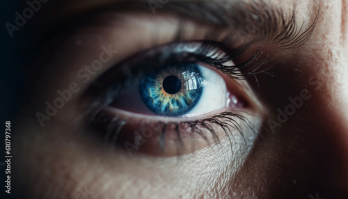 Blue eyed woman staring at camera with selective focus on iris generated by AI