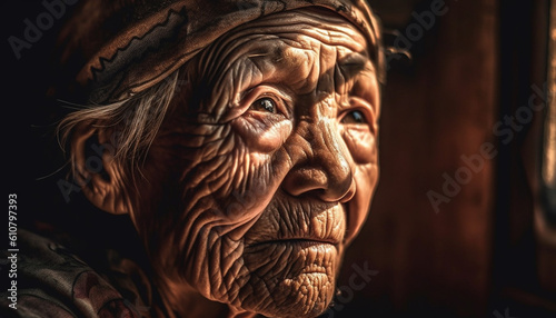 Serene indigenous man, aging gracefully, embodies spirituality and traditional culture generated by AI