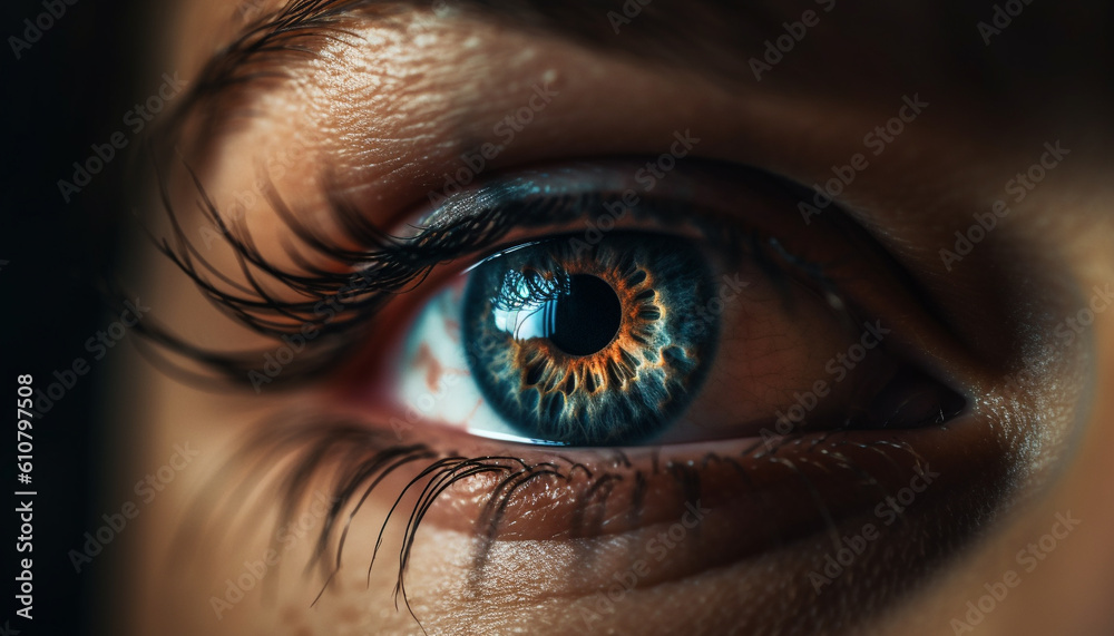 Caucasian woman staring at camera with blue eyes and animal reflection generated by AI Caucasian woman staring at camera with blue eyes and animal reflection generated by AI