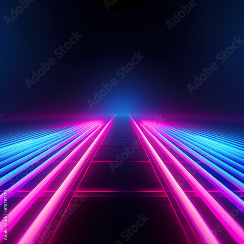 3D Neon Lights on a black background with space, rendering, neon beams, neon rays. Generative AI