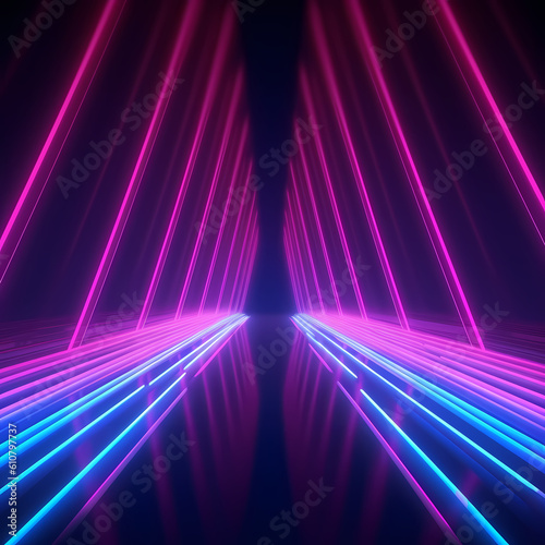 3D Neon Lights on a black background with space, rendering, neon beams, neon rays. Generative AI © Nico Vincentini