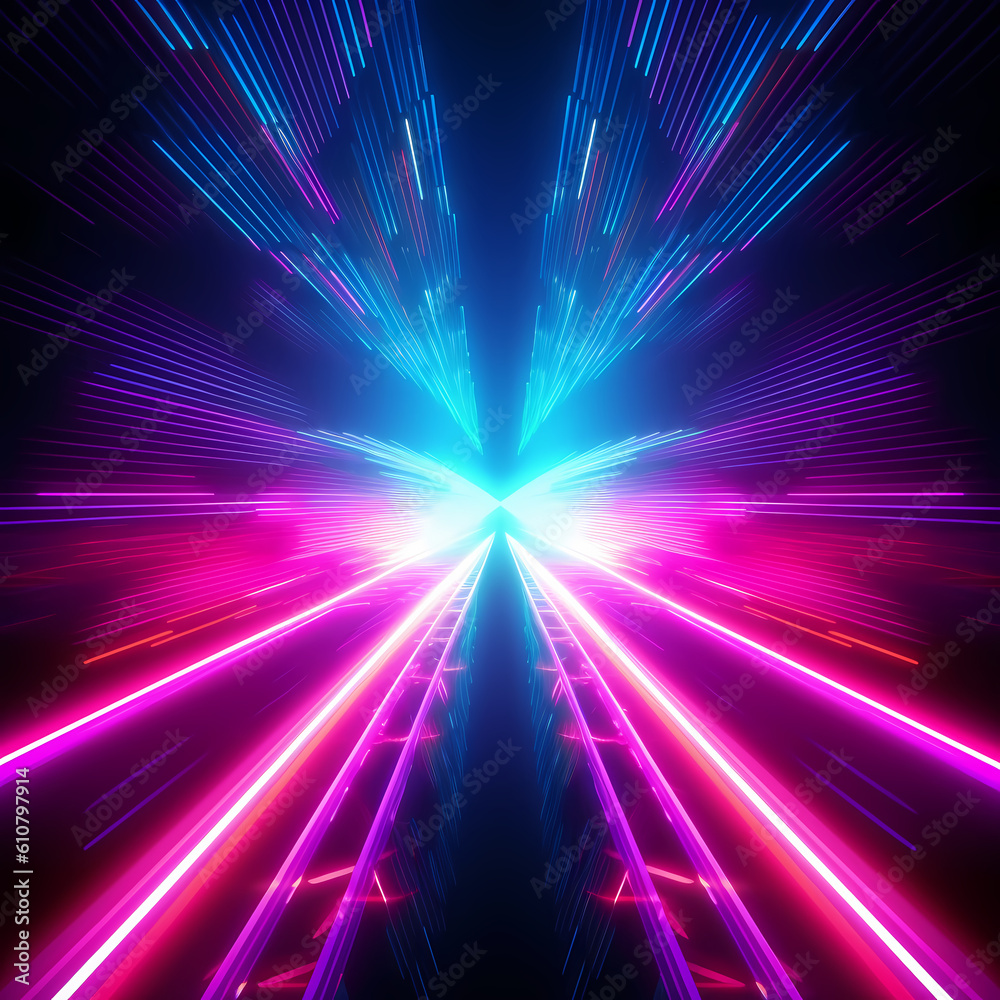 3D Neon Lights on a black background with space, rendering, neon beams, neon rays. Generative AI 3D Neon Lights on a black background with space, rendering, neon beams, neon rays. Generative AI