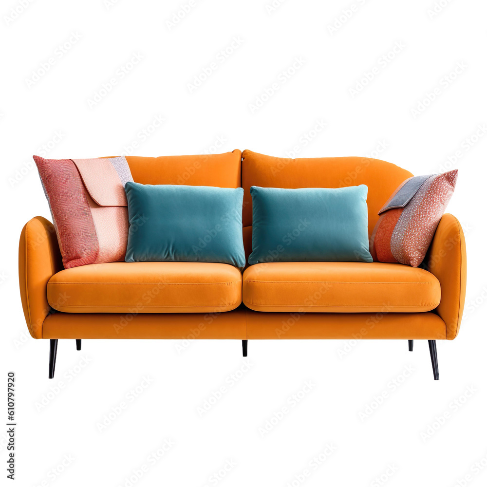 Orange sofa with accent pillows, transparent background Orange sofa with accent pillows, transparent background