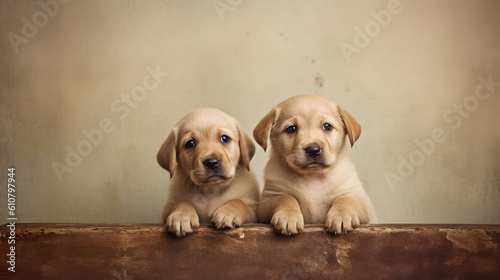 Advertising portrait of two sad puppies publicity shot. A brown dogs looks sadly and cheerful