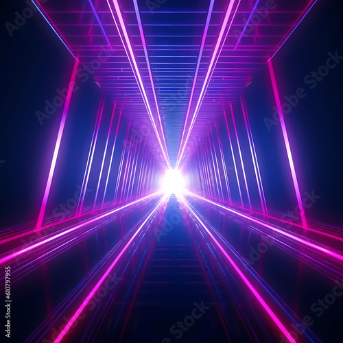 3D Neon Lights on a black background with space  rendering  neon beams  neon rays. Generative AI
