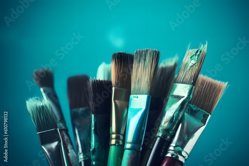 Painting brushes lined up against a blue wall. Generative AI