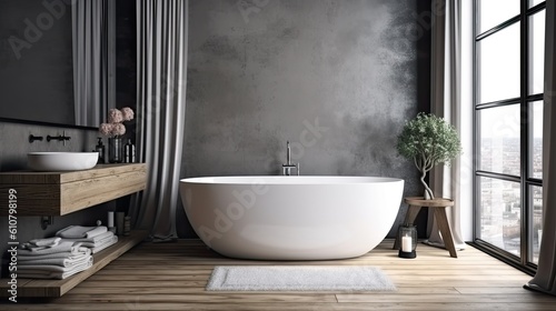Bathroom interior with a white bathtub with a towel hanging over it  a hardwood floor  gray walls  and a loft window. a mockup Generative AI