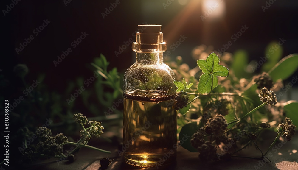 Organic aromatherapy oil in glass jar, nature healthy alternative medicine generated by AI Organic aromatherapy oil in glass jar, nature healthy alternative medicine generated by AI