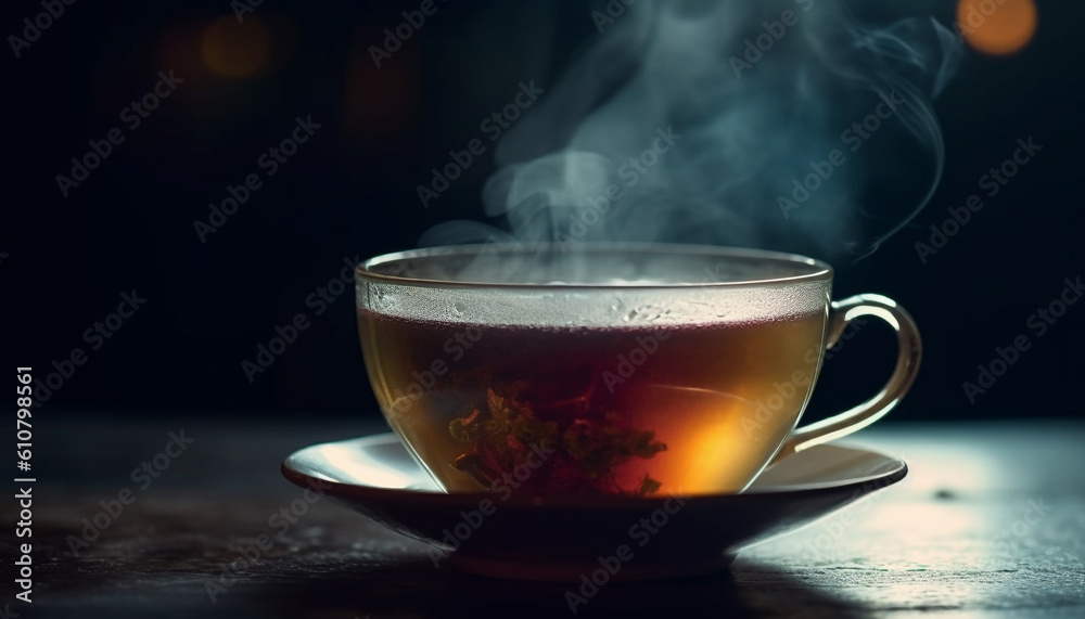 Hot drink on wooden table coffee cup, steam, freshness, caffeine generated by AI Hot drink on wooden table coffee cup, steam, freshness, caffeine generated by AI
