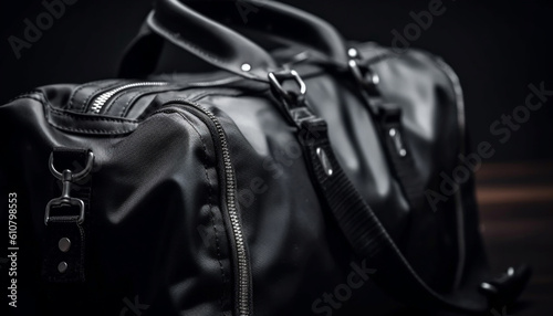 Black leather backpack with metal buckle and zipper fastening generated by AI