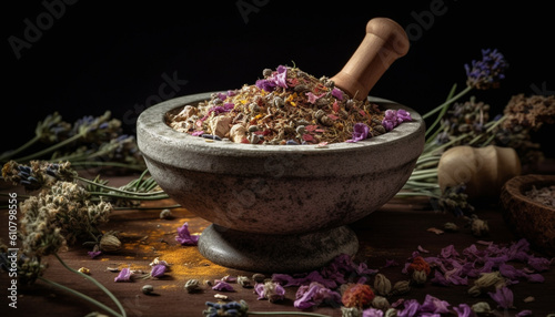 Organic herbal medicine bowl with dried plant and fresh petals generated by AI