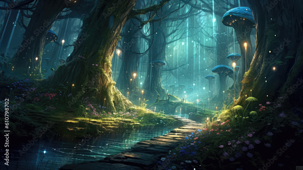 Dark mysterious dark forest with a magical water, fog and lanterns of light. Night fantasy forest