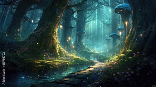 Dark mysterious dark forest with a magical water, fog and lanterns of light. Night fantasy forest