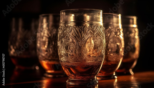 Golden liquid in crystal shot glass reflects elegance and luxury generated by AI