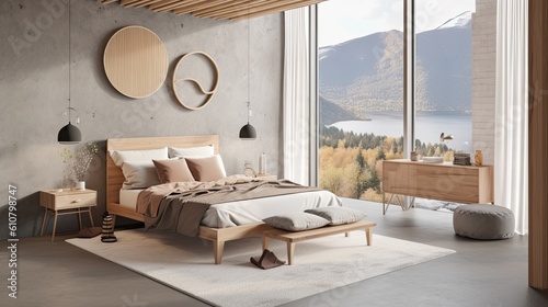 Light-colored bedroom with a bed and pillows  a gray floor  and decorated coffee tables. mock-up of a space frame in a bedroom with fashionable furniture Generative AI